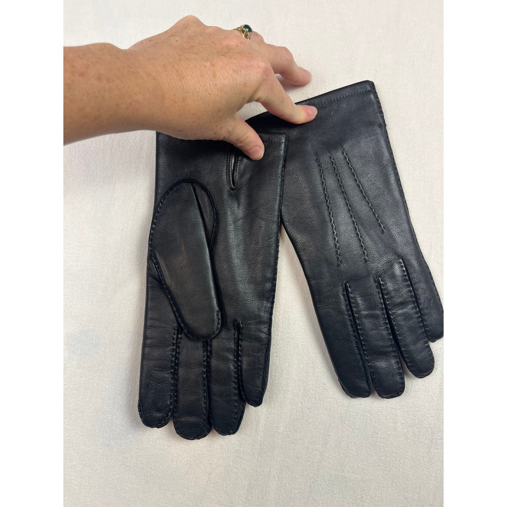 Black Leather Gloves Women Medium Fur Lined Winter Dress Gloves Stitch Detail